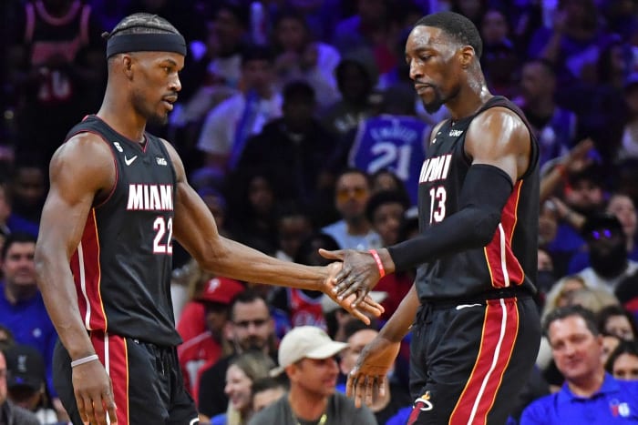 Jimmy Butler and Bam Adebayo of the Miami Heat
